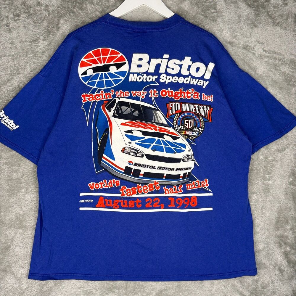 Vtg 90s Nascar T-Shirt Men 2XL Bristol Motor Speedway 50th Anniversary Blue 1998